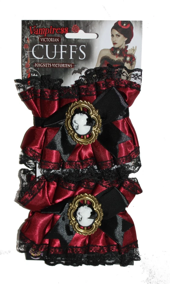 2 x Puños de muñeca de encaje Steampunk victoriano rojo con satén, accesorio de disfraz de vampiro Foto 1 de 4