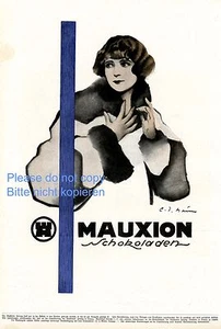 Mauxion Schokolade Saalfeld XL Reklame von 1925 Dame Pelz Haar Locken Werbung ad - Bild 1 von 2