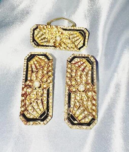 Vintage Art Deco Gold Plate Rhinestone and Black Enameled Clip ons and Dress Pin - Picture 1 of 5