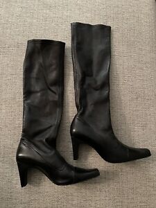 Chanel  Black Leather High Heel Boots - Authentic Designer Boots - Size 38.5