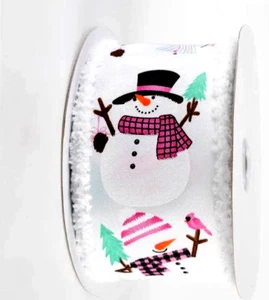 Christmas Snowman 2.5" by 5 yd Wired Ribbon White Chenille Edges Pink Mint NEW - Picture 1 of 4