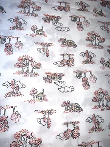 88"Lx60"W white synthetic knit fabric w/"dot" pics of houses, trees, .5" stretch - Picture 1 of 6