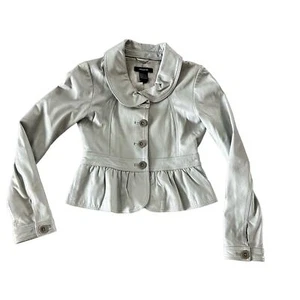 Vintage Arden B. Soft Lamb Leather Peplum Button Down Jacket Lite Gray/Blue - S - Picture 1 of 9