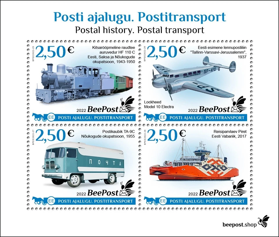 Postal Transport Train Plane Ship Bus MNH Stamps 2022 Estonia BeePost M/S 4v - Изображение 1 из 1