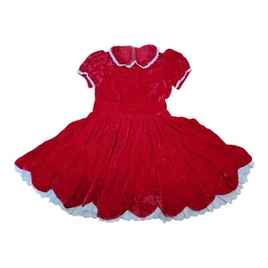 Abito da festa vintage in velluto rosso taglia 8-10 bianco bordo occhiellato bambina fatto a mano - Foto 1 di 5
