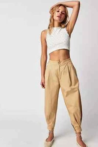 Free People Lucia Trousers Sand/Sable 100% Cotton Size US 6 UK 8/10 BNWT - Picture 1 of 5