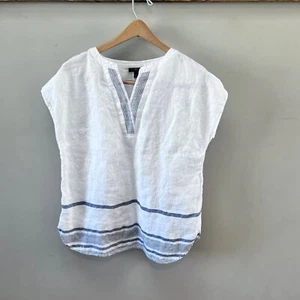 White & Blue Striped Linen Top By Talbots Petite P - Picture 1 of 5