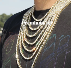 14k Gold Plated Tennis Chain Choker Clear CZ Stones Men's Hip Hop Necklace - Picture 1 of 14