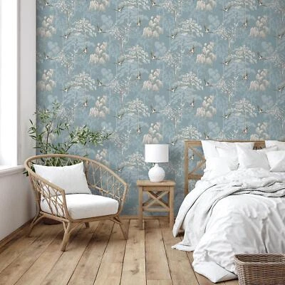 Papel Pintado Jardín Pájaro Oriental E100339AH Azul Japonés Árboles Flores Pájaros WOW Foto 1 de 4