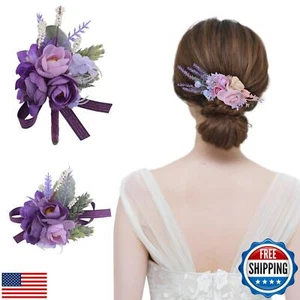 URROMA 3Pcs Purple Rose Head Flower Chest Flower Wrist Flower Set for Prom Ar - Picture 1 of 5