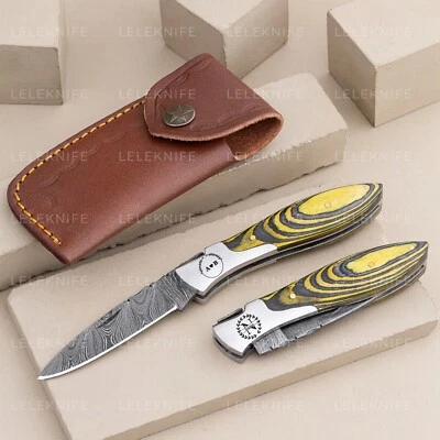 Damascus handmade  Folding Pocket knife Camping Hunting Skinner Knife with Pouch - Image 1 of 2