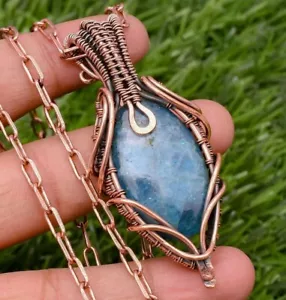 Neon Apatite Copper Wire Wrapped Handmade Jewelry Pendant Necklace - Picture 1 of 7