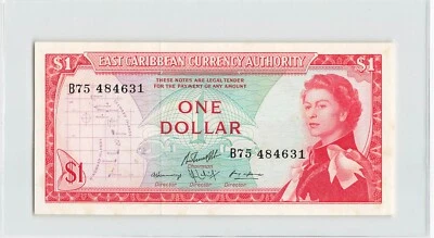 ESTADOS DEL CARIBE ORIENTAL $1 dólar 1965, P-13f(2), B75 484631, original UNC, QEII.  T7 Foto 1 de 2