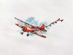 Fertiges fertiges Kreuzstichbild ""Kleine Flugzeugpuddelpullover"" nicht gerahmt - Bild 1 von 7