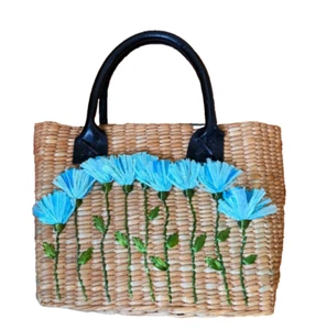 Vintage Summer ThompsonEmbroidered Straw Purse, Basket Bag, Floral, Philippines - Picture 1 of 12
