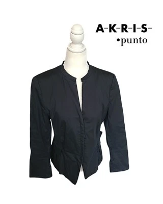 Blazer Akris Punto Negro Mezcla de Algodón Recortado Dobladillo Peplum Acanalado Puños Traseros 8 Foto 1 de 4