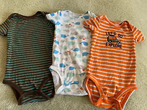 3 Boys Brown Teal Striped Whales Orange Jeep Short Sleeve One Pieces 12 Months - Picture 1 of 9