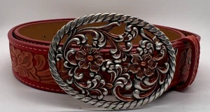 Red Genuine Leather Belt W Metal Floral Buckle XL 47" Vintage - Picture 1 of 7