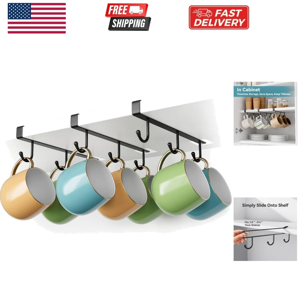 Adhesive Cup Holder Under Cabinet 3pcs X 6 Hook Coffee Mug for Kitchen Fit Black