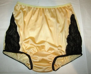 Vtg Yellow satin Nylon Brief panty Granny Wide gusset -8/9 Custom Black Lace - Picture 1 of 9