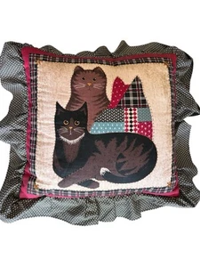 Vtg 90s Handstitched Cats Quilted Look Ruffle Pillow Cottagecore, Rustic Square - Picture 1 of 11