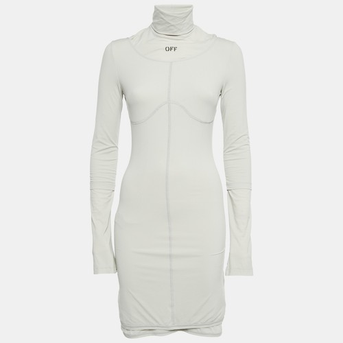 Abito Bodycon Scollo Tartaruga Maglia Off White Grigio Stampa Off M