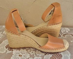 Vince Camuto Leera Espadrille Wedge Sandals 8.5 Tan Vachetta Leather Ankle Strap - Picture 1 of 18