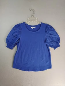 Chicos Womens Top 1 Medium Blue Eyelet Sleeve Round Neck Solid Knit Blouse - Picture 1 of 8