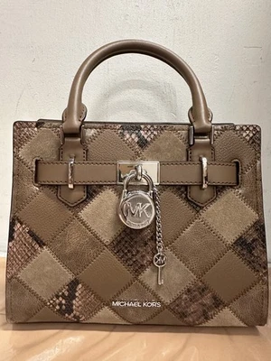 NWT Michael Kors Hamilton Small Patchwork and Snake Embossed Satchel Driftwood - Image 1 of 4