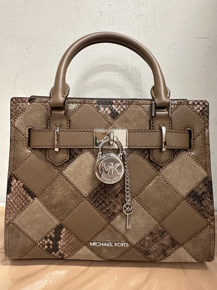 NWT Michael Kors Hamilton Small Patchwork and Snake Embossed Satchel Driftwood - Image 1 of 4