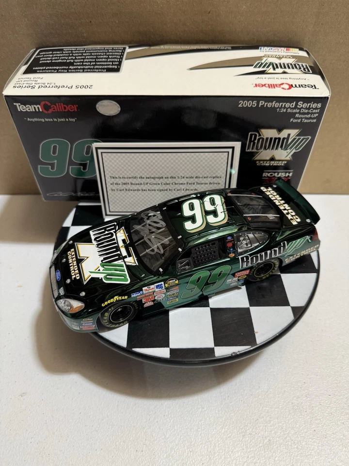 RARE* Autographed Carl Edward’s #99 RoundUp Green Chrome 2005 1/24 Diecast - Image 1 of 4
