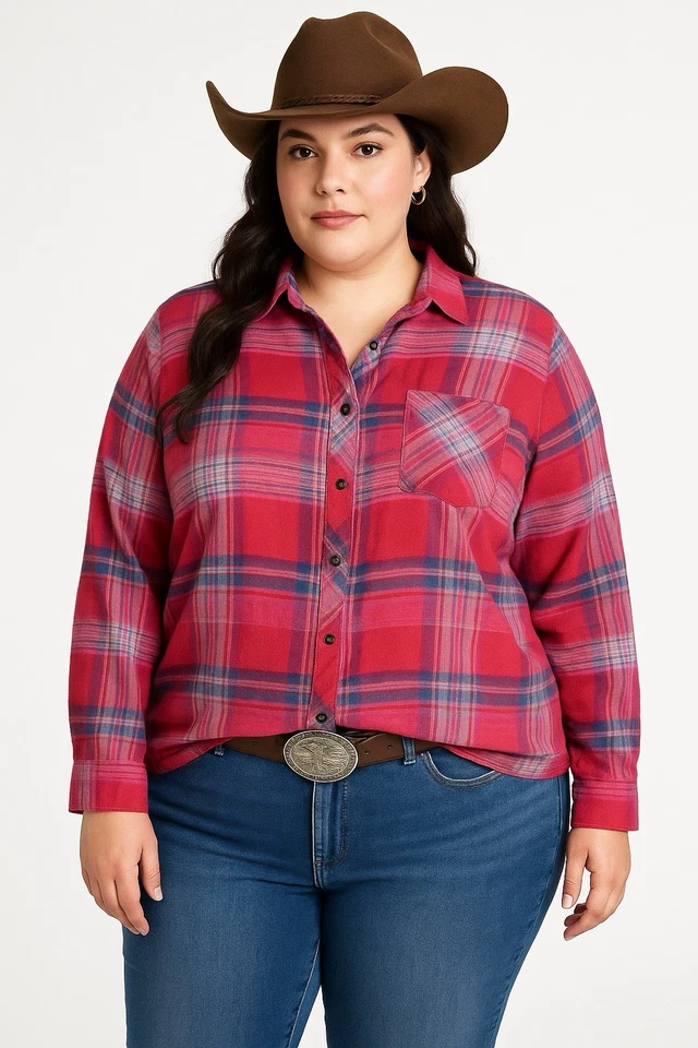 Blusa para mujer Orvis XL roja azul a cuadros manga larga con botones camisa top Foto 1 de 4