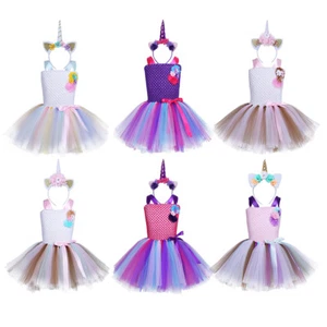 Niñas Arco Iris Disfraz Conjunto Niños Arco Iris Tutú Falda Vestido + Cuerno Princesa Ropa - Imagen 1 de 41