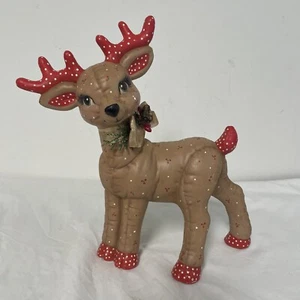 VTG Ceramic Quilted Mold Christmas Reindeer Brown Red Polka Dots Berries Ribbon - Picture 1 of 13