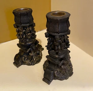 Halloween Candlestick Holders lot Gothic Victorian style engraved carved candles - Picture 1 of 3