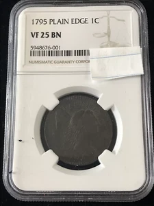 1795 Plain Edge Large One 1 Cent VF25 BN NGC Slab CIRC Coin Flowing Hair - Picture 1 of 7
