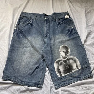 NWT Makaveli Jean Shorts Jorts Baggy 44 Graphic Tupac Shakur Hip Hop Rap Y2K - Picture 1 of 11
