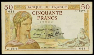 Currency 1940 France 50 Francs Banknote P-85b Ceres Agriculture Goddess Caduceus - Picture 1 of 2