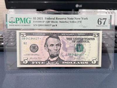 2021 $5 Federal Reserve Note New York Star Note PMG67 Birthday April 17, 1944 CG - Image 1 of 3