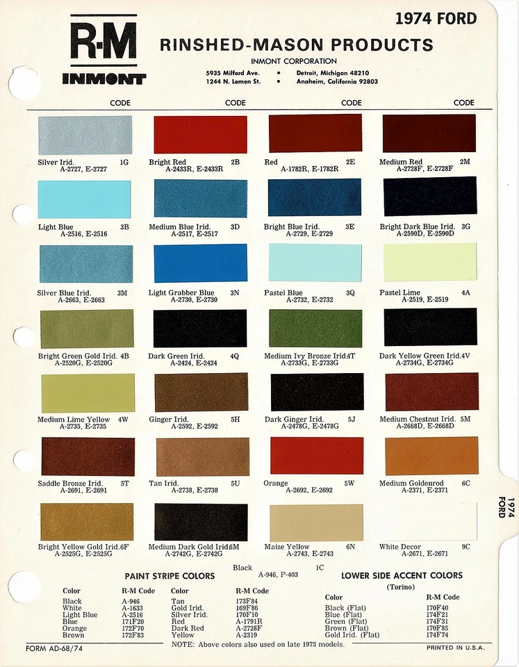 1974 FORD MAVERICK MUSTANG PINTO TORINO RANCHERO КРАСКА СКОЛЫ ЛИСТ (R-M) (R) - Изображение 1 из 1