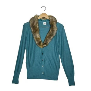 Cabi Tearoom Cardigan With Detachable Faux Fur Teal Size M - Picture 1 of 8