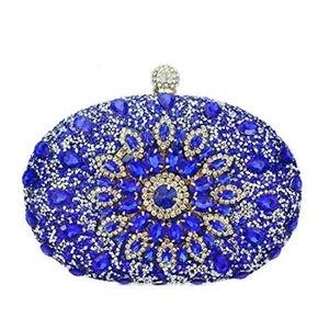 Rhinestone Jeweled Clutch Bag Crystal Flower Handbag Purse - Blue Gold Handle - Picture 1 of 9