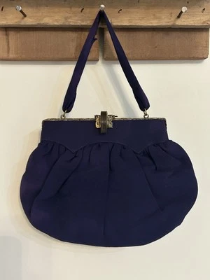 Antique 40s Purple Hand Bag, Includes Mirror And Change Purse, Brass Clasp - Image 1 of 4