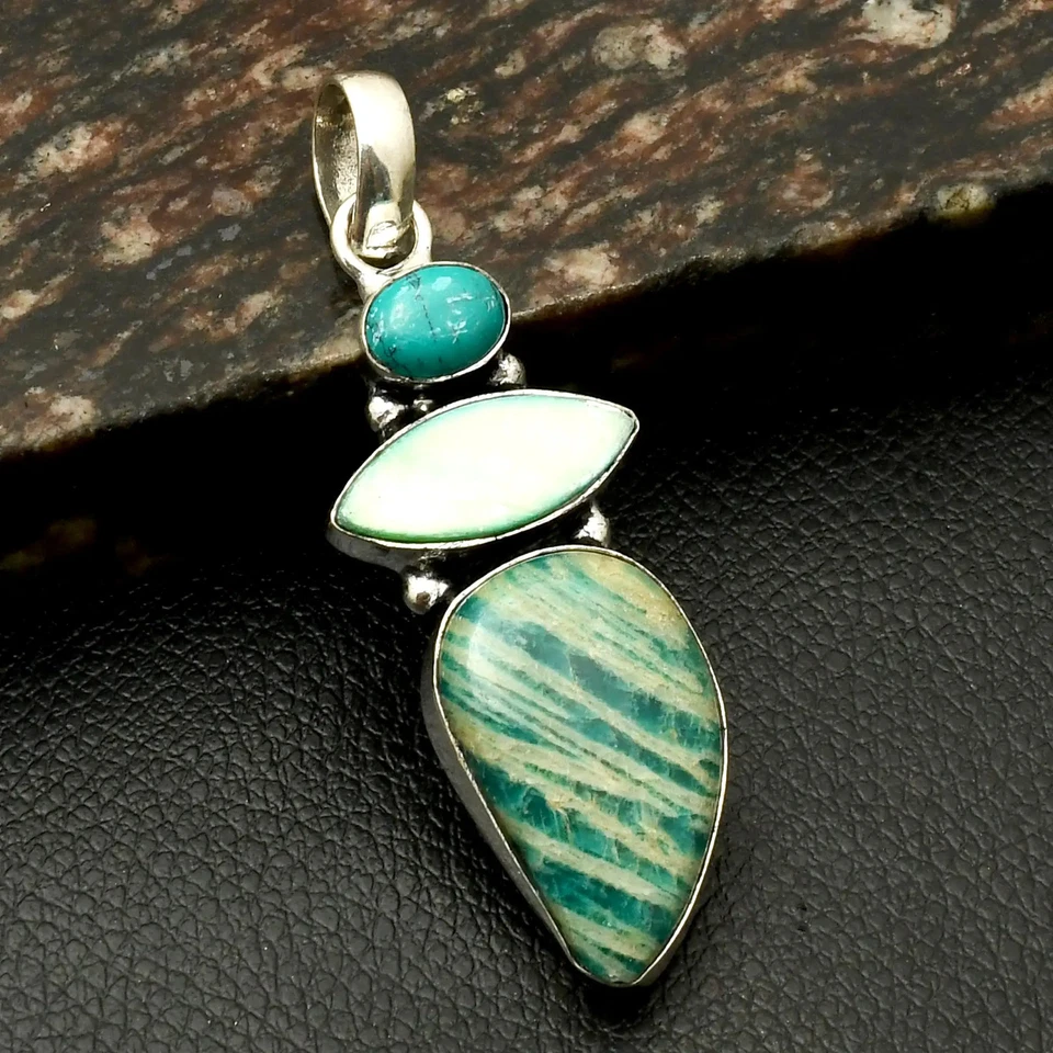 Amazonita Turquesa Piedras Preciosas Étnicas Hechas a Mano Colgante Joyería 2.4" AP-39093 Foto 1 de 1