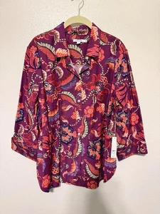 Camisa Chico's Abotonada Púrpura Diseño Pluma Puño Mangas Talla 3/XL NUEVA CON ETIQUETAS - Imagen 1 de 5