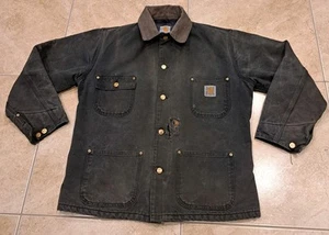 Vtg Carhartt Thrashed Faded Black Detroit Work Jacket Wool Lined Blanket C01 BLK - Picture 1 of 14