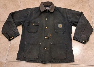 Vtg Carhartt Thrashed Faded Black Detroit Work Jacket Wool Lined Blanket C01 BLK - Image 1 of 4