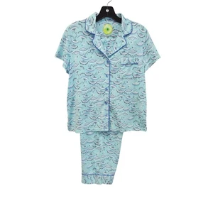 White Orchid Womens S Pajama Set Short Sleeve & Pants Fan Print Blue Cotton Blen - Picture 1 of 13