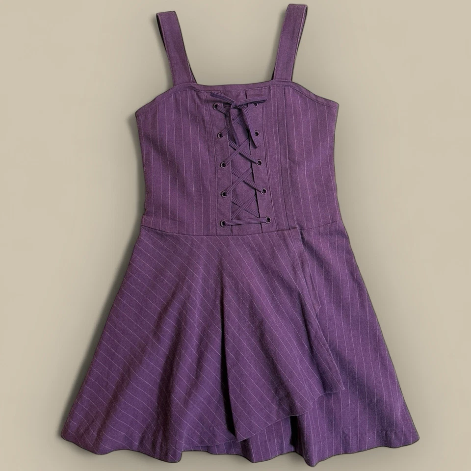 Y2K American Girl Jumper Dress Size 8 Purple Pinstripes Corset Front Tank Top - Image 1 of 4