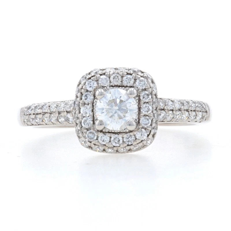 White Gold Diamond Halo Engagement Ring -14k Round Cut .90ctw Cathedral Milgrain - Image 1 of 4